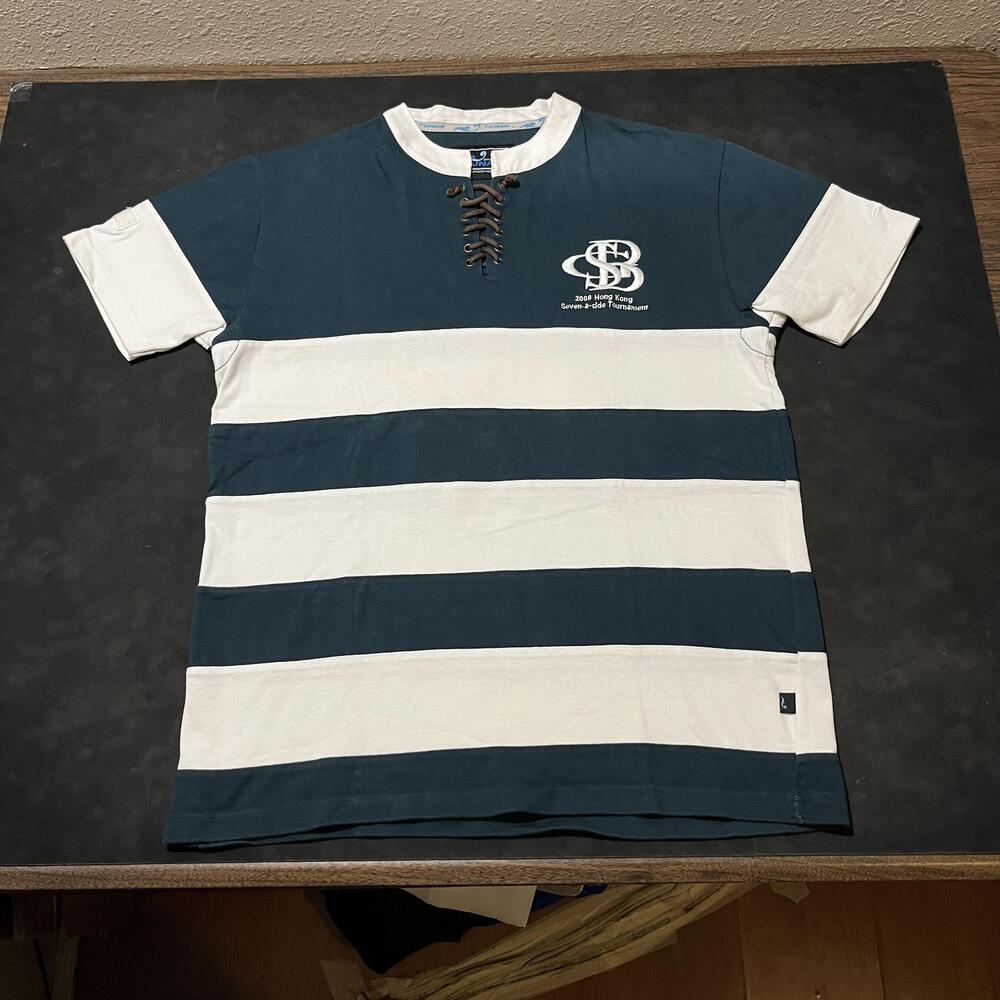 Tsunami Rugby Shirt Mens Large Blue White Hong Kong 2008 Sevens Tournament Logo